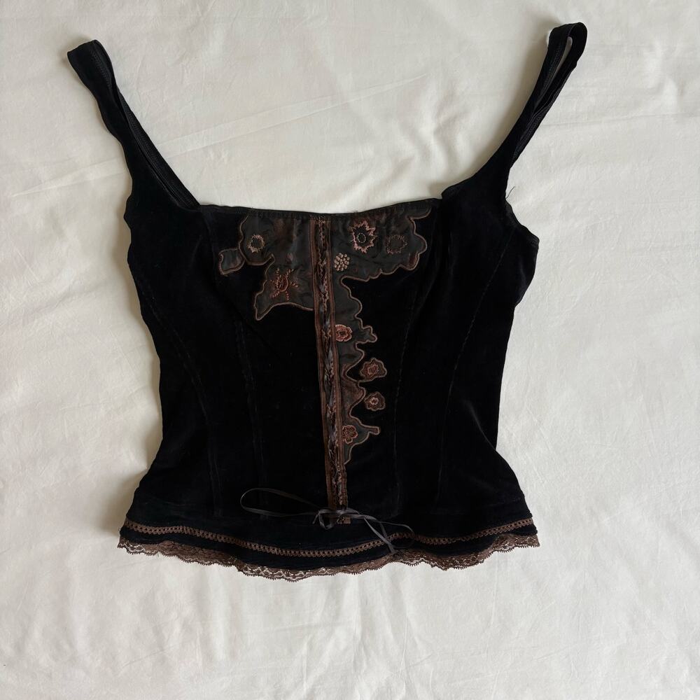 Vintage Corset Top Black Velvet Embroidered Whimsigoth Y2K